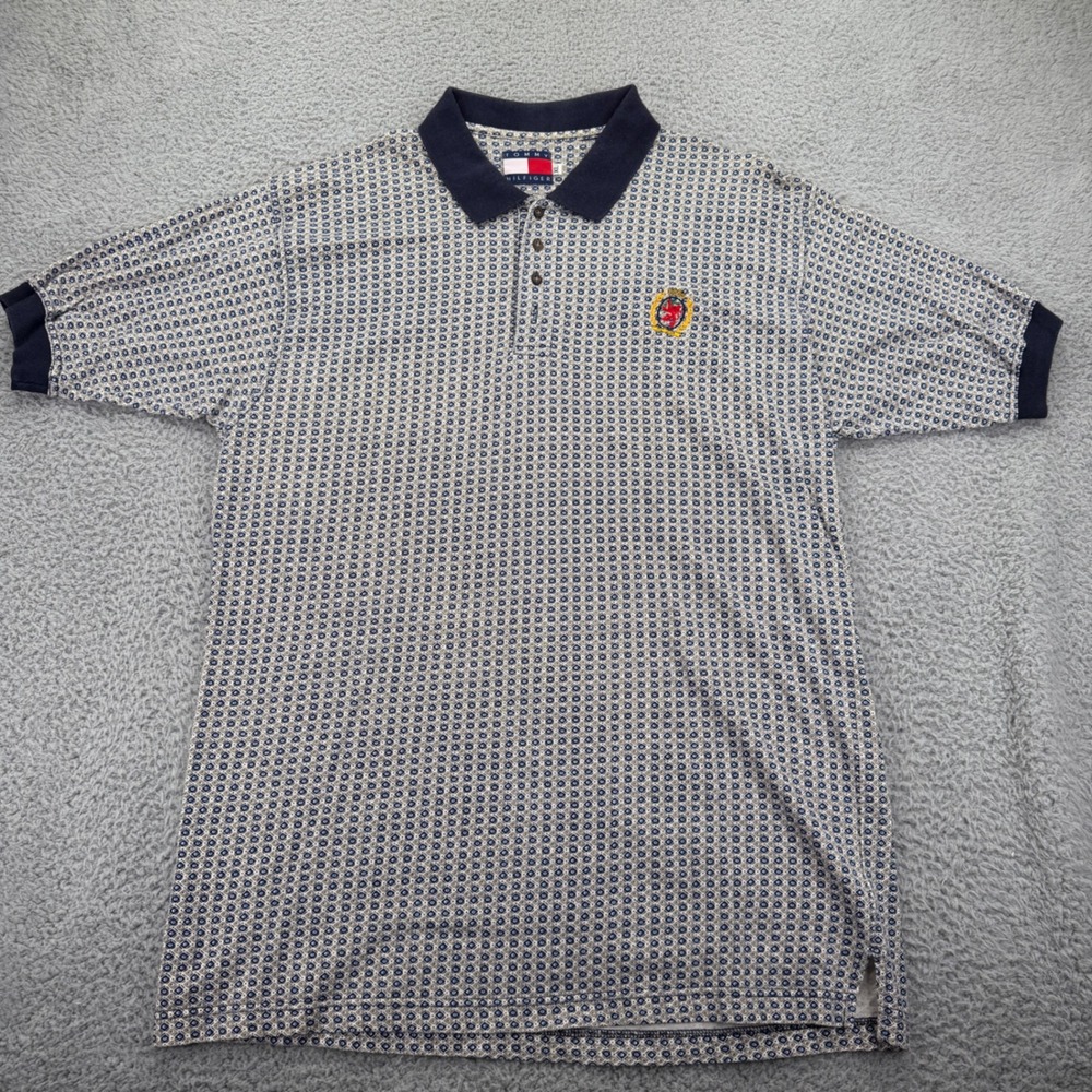 Tommy Hilfiger Mens XL Vintage Geometric Diamond Polo Shirt Navy Crest 90s